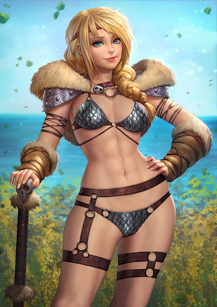 1girl aqua_eyes arm_warmers armor artist_name astrid_hofferson belt bikini_armor blue_sky braid breasts bush closed_mouth cowboy_shot day fur_trim hair_over_shoulder hand_on_hip headband horizon how_to_train_your_dragon long_hair medium_breasts mixed-language_commentary motion_blur navel nudtawut_thongmai o-ring ocean older outdoors red_lips shoulder_armor single_braid skull sky smile solo stomach thigh_strap toned veins veiny_breasts watermark