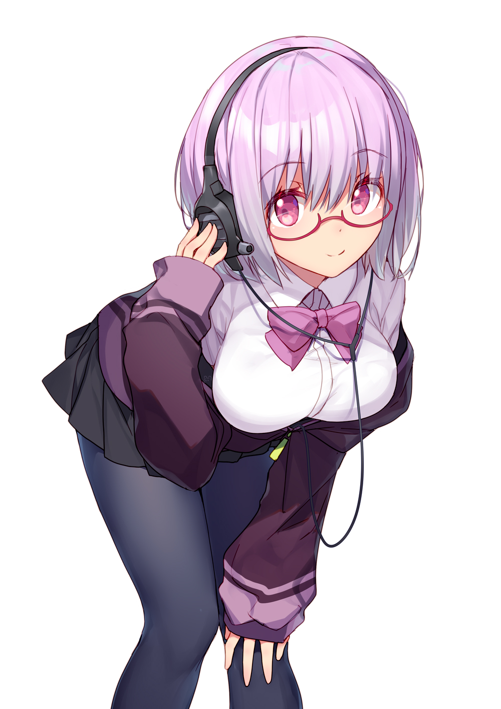 1girl bent_over bison_cangshu black_legwear black_skirt bow bowtie breasts cable collared_shirt glasses hand_on_own_knee hand_up headphones highres jacket large_breasts lavender_hair long_sleeves looking_at_viewer miniskirt off_shoulder open_clothes open_jacket pantyhose pink-framed_eyewear pink_eyes purple_jacket school_uniform semi-rimless_eyewear shinjou_akane shirt short_hair simple_background skirt smile solo ssss.gridman standing white_background white_shirt