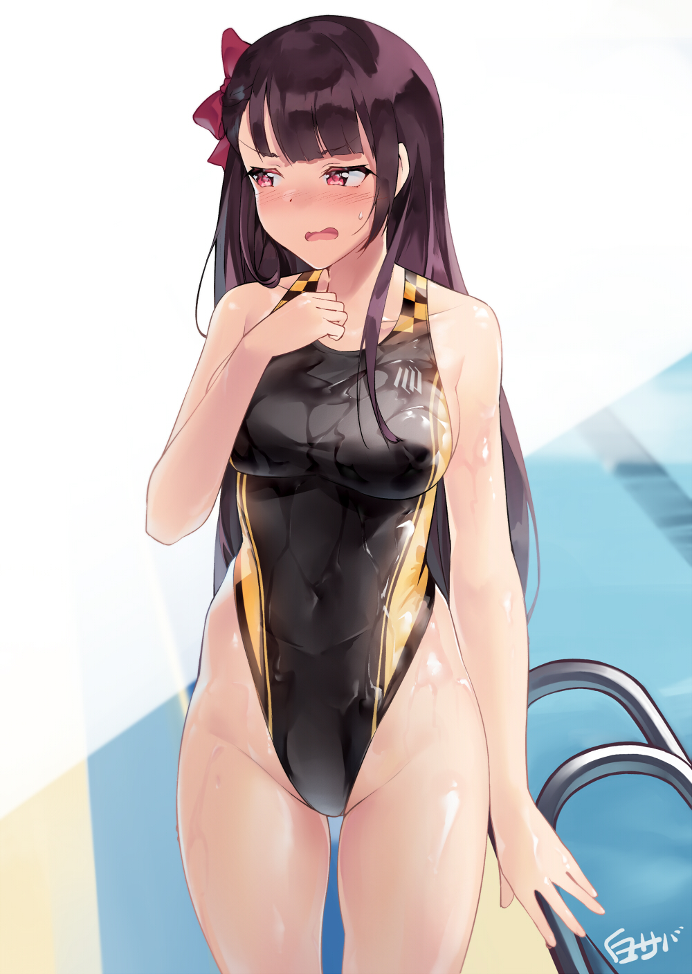 1girl bangs bare_shoulders black_swimsuit blush breasts collarbone competition_swimsuit cowboy_shot embarrassed eyebrows_visible_through_hair girls_frontline hair_ribbon hand_up highleg highres large_breasts long_hair looking_away one-piece_swimsuit one_side_up open_mouth purple_hair red_eyes ribbon shiny shiny_clothes shirosaba solo swimsuit very_long_hair wa2000_(girls_frontline) wet