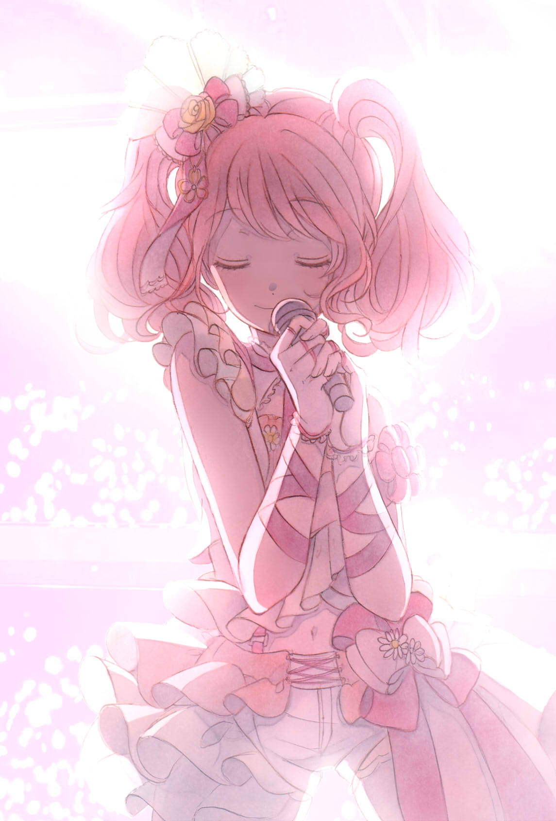 1girl bang_dream! bangs bow closed_eyes commentary_request fingerless_gloves flower gloves hair_bow hair_flower hair_ornament hair_ribbon highres holding holding_microphone maruyama_aya microphone navel overskirt pink_hair pink_theme ribbon short_shorts shorts sidelocks smile solo twintails u_u wrist_ribbon yellow_flower yuyuyugoonn