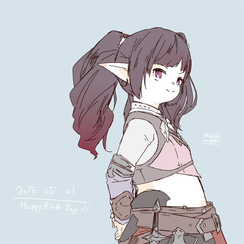 1girl 2018 arms_behind_back artist_name black_hair closed_mouth dagger dated earrings final_fantasy final_fantasy_xiv flat_chest gradient_hair happy_birthday hoop_earrings jewelry lalafell lili_mdoki multicolored_hair pointy_ears redhead smile solo two-tone_hair violet_eyes weapon yoshi'p_sampo