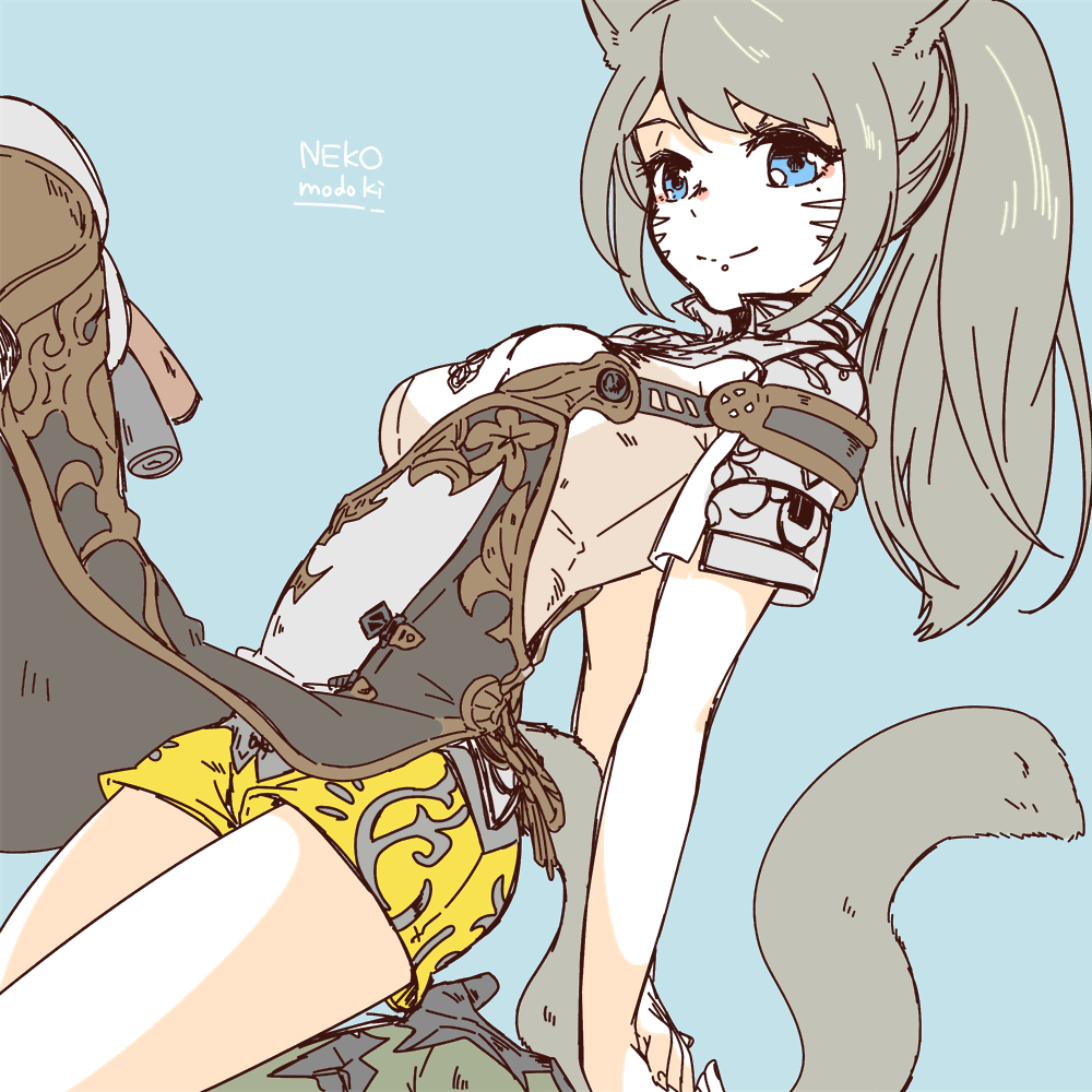 1girl animal_ears arms_behind_back artist_name blue_background blue_eyes breasts cat_ears cat_girl cat_tail closed_mouth facial_mark final_fantasy final_fantasy_xiv green_footwear high_heels leg_up light_brown_hair lili_mdoki looking_at_viewer miqo'te mole mole_under_eye ponytail short_sleeves shorts small_breasts smile solo tail tail_raised whisker_markings yellow_shorts zhloe_aliapoh