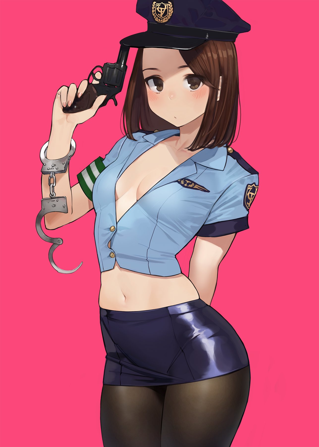 1girl aikawa_ren bangs black_legwear blue_headwear blue_shirt blue_skirt blush breasts brown_eyes brown_hair cowboy_shot cropped_shirt cuffs gun handcuffs handgun hat highres holding holding_gun holding_weapon looking_at_viewer midriff miniskirt miru_tights navel pantyhose pistol police police_hat police_uniform policewoman shirt short_hair short_sleeves simple_background skirt small_breasts solo toned uniform weapon yomu_(sgt_epper)