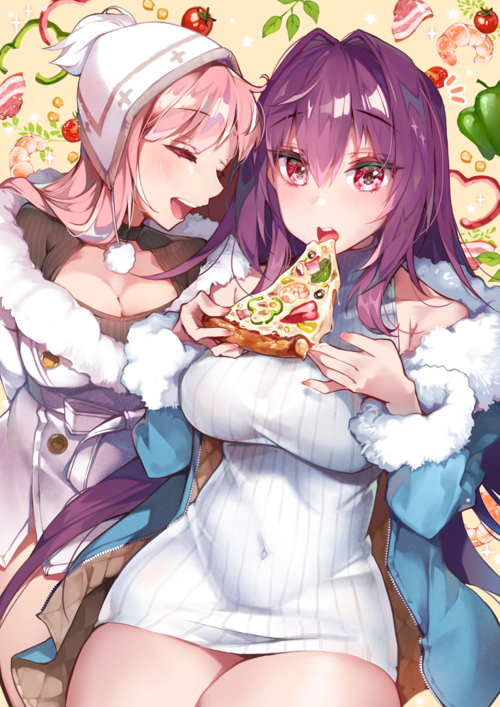 2girls alternate_costume breasts buttons cleavage_cutout closed_eyes coat commentary_request covered_navel eating eyebrows_visible_through_hair fate/grand_order fate_(series) food fur_trim hair_intakes hat kanola_u large_breasts long_hair medb_(fate)_(all) multiple_girls open_mouth pink_hair pizza purple_hair red_eyes revision scathach_(fate)_(all) scathach_(fate/grand_order) sweater turtleneck turtleneck_sweater yellow_background