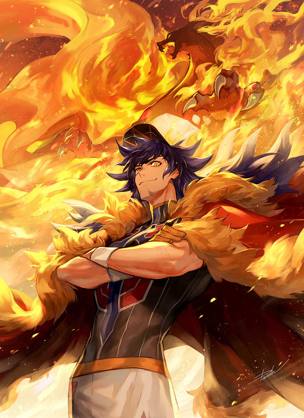 1boy artist_name baseball_cap black_headwear black_shirt cape charizard claws closed_mouth crossed_arms dande_(pokemon) danhu dragon fangs fire fur-trimmed_cape fur_trim gen_1_pokemon gigantamax gigantamax_charizard gloves happy hat highres long_hair looking_at_viewer male_focus muscle open_mouth orange_background orange_eyes pinstripe_pattern pokemon pokemon_(creature) pokemon_(game) pokemon_swsh purple_hair red_cape shirt shorts side_slit signature smile solo_focus standing striped symbol_commentary turtleneck white_shorts