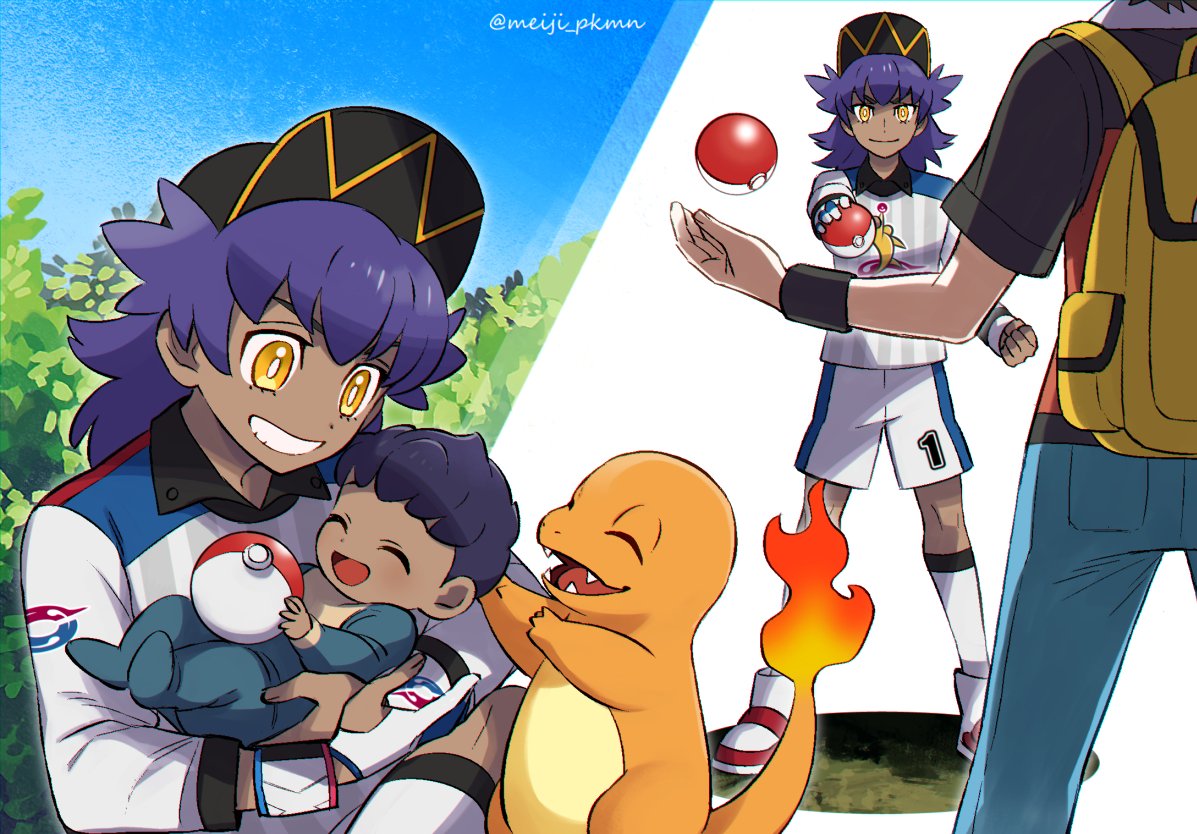 baby backpack bag baseball_cap blue_hair charmander dande_(pokemon) dark_skin dark_skinned_male gen_1_pokemon gloves grin gym_challenge_uniform hat head_out_of_frame hop_(pokemon) meiji_ken poke_ball poke_ball_(generic) pokemon pokemon_(game) pokemon_swsh red_(pokemon) shorts single_glove smile twitter_username yellow_eyes younger