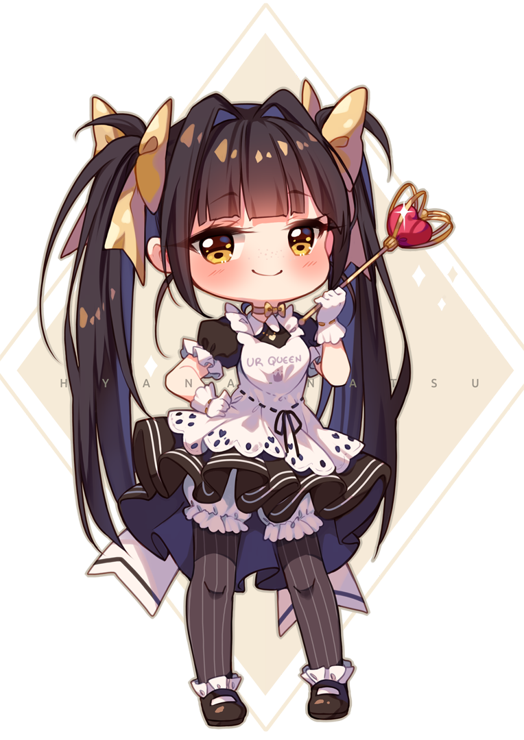 1girl apron artist_name bangs black_dress black_footwear black_hair black_legwear bloomers bow brown_bow brown_eyes chibi closed_mouth commentary dress english_commentary eyebrows_visible_through_hair freckles full_body glint gloves hair_bow hair_intakes hand_on_hip heart holding holding_wand hyanna-natsu long_hair original pantyhose pleated_dress shoes smile solo striped striped_legwear twintails underwear vertical-striped_legwear vertical_stripes very_long_hair wand white_apron white_background white_bloomers white_gloves
