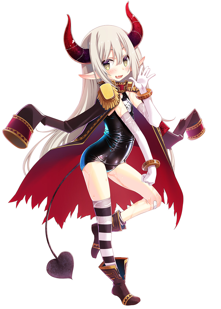 1girl :d armband asymmetrical_legwear bandaid bandaid_on_knee bangs black_coat black_leotard blush boots brown_eyes brown_footwear commentary_request covered_navel curled_horns demon_girl demon_horns demon_tail elbow_gloves emma_august epaulettes eyebrows_visible_through_hair fang full_body gloves grey_hair hair_between_eyes hand_up highres horns jacket_on_shoulders leotard long_hair long_sleeves looking_at_viewer name_tag nijisanji old_school_swimsuit one-piece_swimsuit open_mouth pointy_ears sakuya_tsuitachi school_swimsuit see-through single_sock smile socks solo standing standing_on_one_leg striped striped_legwear swimsuit tail thigh-highs thighhighs_under_boots very_long_hair virtual_youtuber wet_gloves wet_legwear wet_thighhighs white_gloves