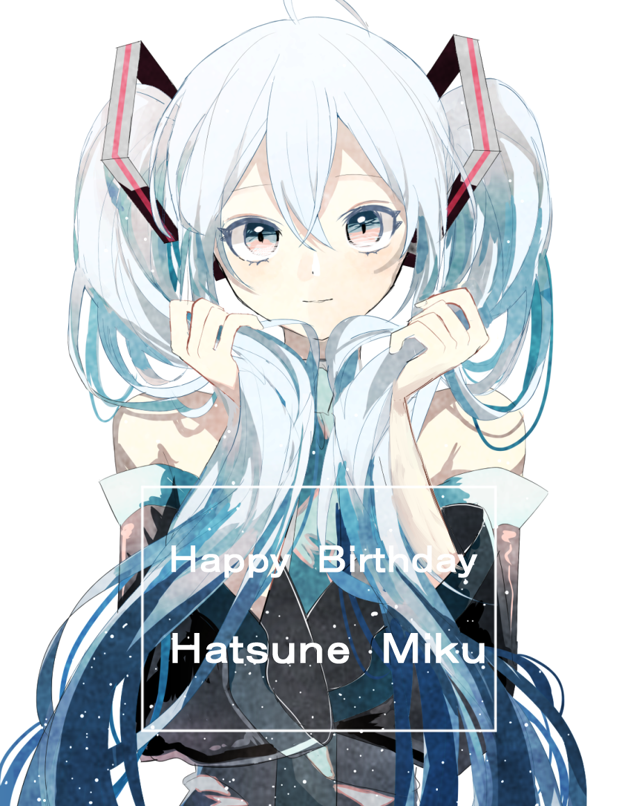 1girl ahoge aqua_eyes aqua_hair aqua_neckwear bare_shoulders black_sleeves character_name commentary detached_sleeves english_text grey_shirt hair_ornament hands_up happy_birthday hatsune_miku headphones holding holding_hair light_smile long_hair looking_at_viewer necktie parted_lips shirt sleeveless sleeveless_shirt solo twintails upper_body very_long_hair vocaloid white_background yft107316