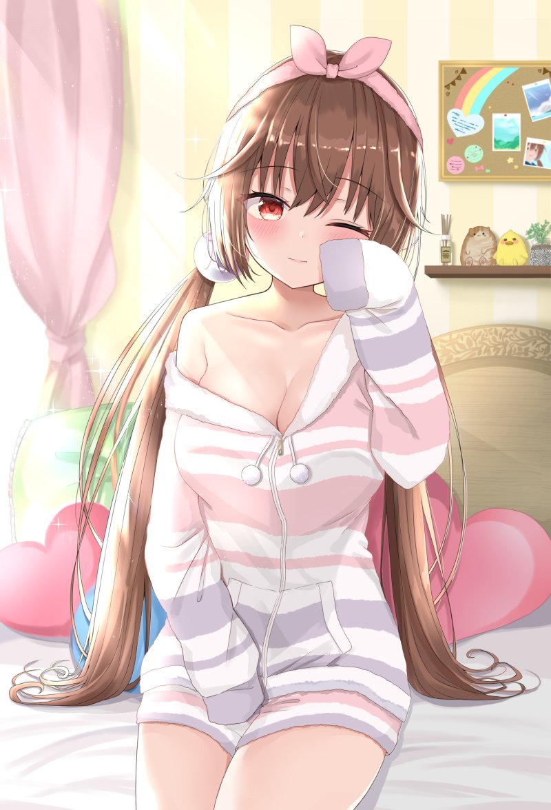 1girl bed blush breasts brown_hair commentary_request curtains day eyebrows_visible_through_hair hair_ornament hand_on_own_face heart heart_pillow hood hoodie long_hair long_sleeves looking_away looking_to_the_side medium_breasts noeru_(gt17854) off_shoulder on_bed one_eye_closed original pillow red_eyes rubbing_eyes sitting sitting_on_bed sleepy sleeves_past_fingers sleeves_past_wrists solo striped_hoodie twintails