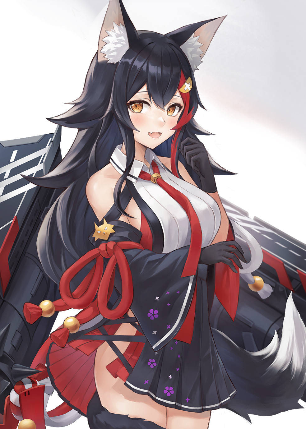 1girl :d animal_ears azur_lane bare_shoulders black_gloves black_hair black_skirt breasts detached_sleeves fang flight_deck fuwawa_(fuwawa617) gloves hair_ornament hand_up highres hololive long_hair long_sleeves looking_at_viewer medium_breasts miniskirt multicolored_hair ookami_mio open_mouth orange_eyes pleated_skirt redhead revision shirt skirt smile solo streaked_hair tail thigh-highs virtual_youtuber white_shirt wide_sleeves wolf_ears wolf_girl wolf_tail zettai_ryouiki