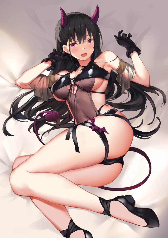 1girl bangs bare_shoulders black_footwear black_gloves black_hair blush breasts collarbone demon_girl demon_horns demon_tail detached_sleeves gloves hands_up high_heels horns large_breasts long_hair looking_at_viewer lying o-ring on_side open_mouth original revealing_clothes see-through sidelocks solo succubus suzuame_yatsumi tail thigh_strap thighs violet_eyes