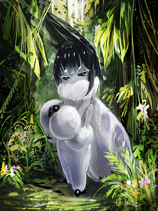 1girl bangs black_sclera diddms1999 eyebrows_visible_through_hair fern forest full_body fur insect_girl insect_wings jungle looking_at_viewer monster_girl moth_(diddms1999) moth_ears moth_girl nature original outdoors plant scenery short_hair solo tree vines white_eyes wings