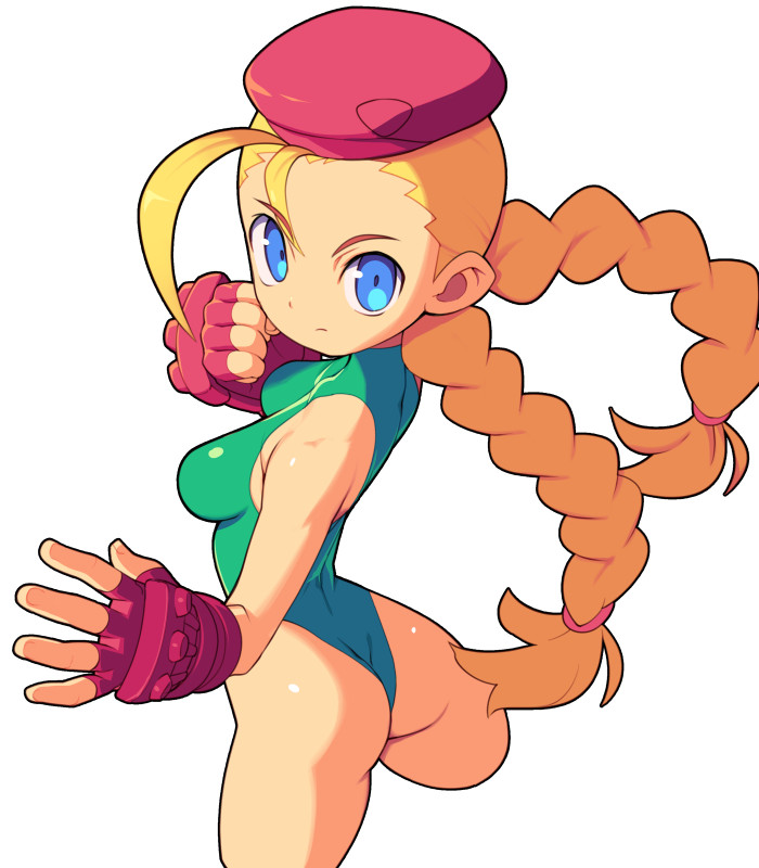 1girl ass beret blonde_hair blue_eyes braid breasts cammy_white closed_mouth fingerless_gloves gloves green_leotard hat leotard long_hair looking_at_viewer medium_breasts metata red_gloves red_headwear simple_background solo street_fighter twin_braids white_background