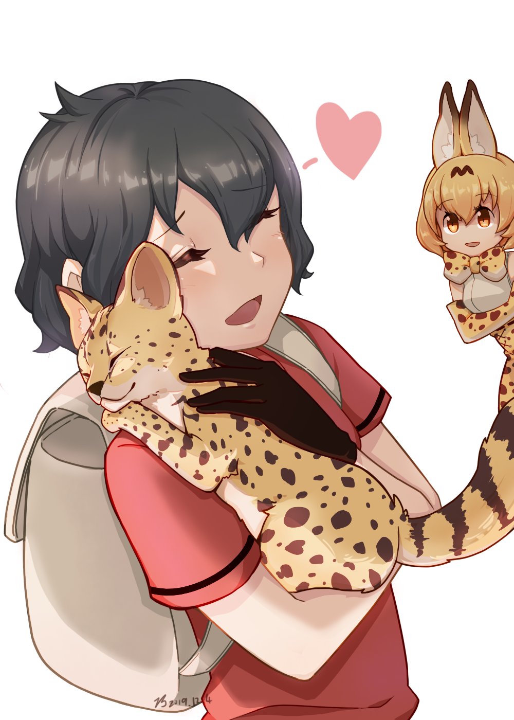 2girls animal_ears backpack bag bare_shoulders black_hair blonde_hair blush bow bowtie cat closed_eyes commentary_request elbow_gloves eyebrows_visible_through_hair gloves heart high-waist_skirt highres holding holding_cat kaban_(kemono_friends) kemono_friends multiple_girls natuki_takumi no_hat no_headwear print_gloves print_neckwear print_skirt red_shirt serval serval_(kemono_friends) serval_ears serval_girl serval_print serval_tail shirt short_hair short_sleeves skirt sleeveless t-shirt tail yellow_eyes