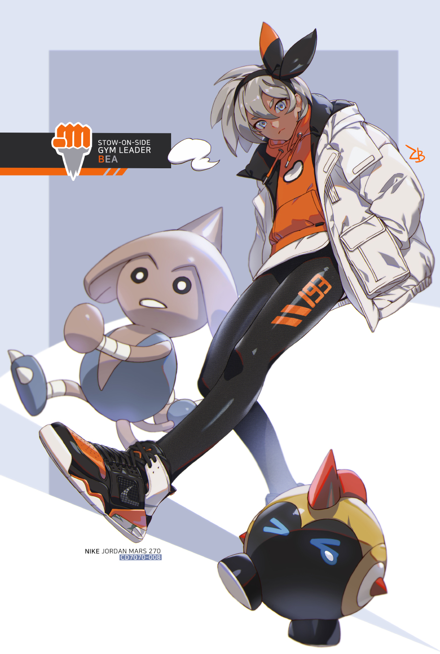 1girl blue_eyes dark_skin grey_hair gym_leader hairband hands_in_pockets headband highres hood hoodie jacket looking_at_viewer open_clothes open_jacket orange_hoodie pokemon pokemon_(game) pokemon_swsh saitou_(pokemon) shoes short_hair sneakers white_jacket zombeing