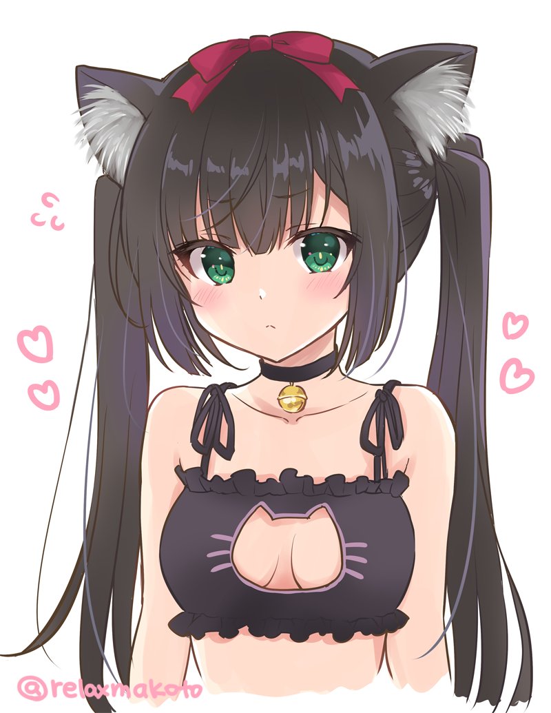 1girl animal_ears bangs bell bell_choker black_bra black_choker black_hair blush bow bra cat_cutout cat_ears cat_lingerie choker cleavage_cutout collarbone commentary_request flying_sweatdrops frown green_eyes hair_bow heart jingle_bell kuu-chan_(sakurai_makoto_(custom_size)) lingerie long_hair looking_at_viewer meme_attire original red_bow sakurai_makoto_(custom_size) sidelocks solo twitter_username underwear upper_body white_background