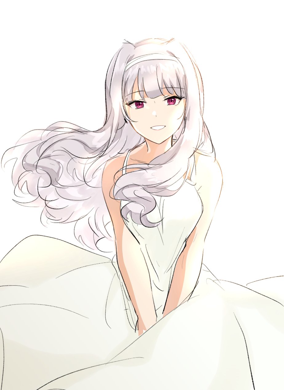 1girl dress hairband highres idolmaster idolmaster_(classic) long_hair looking_at_viewer open_mouth shijou_takane silver_hair smile solo violet_eyes white_background white_dress