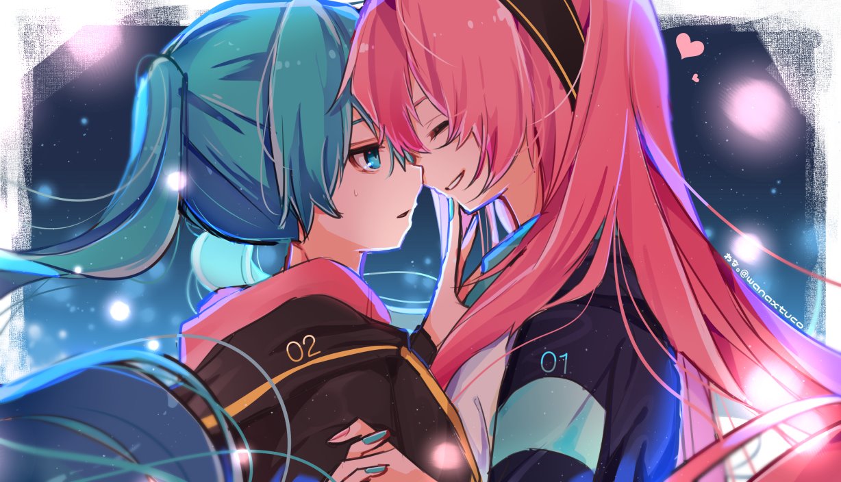 2girls aqua_eyes aqua_hair aqua_nails blurry bokeh closed_eyes depth_of_field expressionless face-to-face facing_another hairband half-closed_eyes hatsune_miku heart holding_hands hood hooded_jacket interlocked_fingers jacket long_hair looking_at_viewer megurine_luka multiple_girls nail_polish night night_sky number_print parted_lips pink_hair pink_nails portrait sky smile sweatdrop touching_another's_chin twintails twitter_username very_long_hair vocaloid wanaxtuco yuri