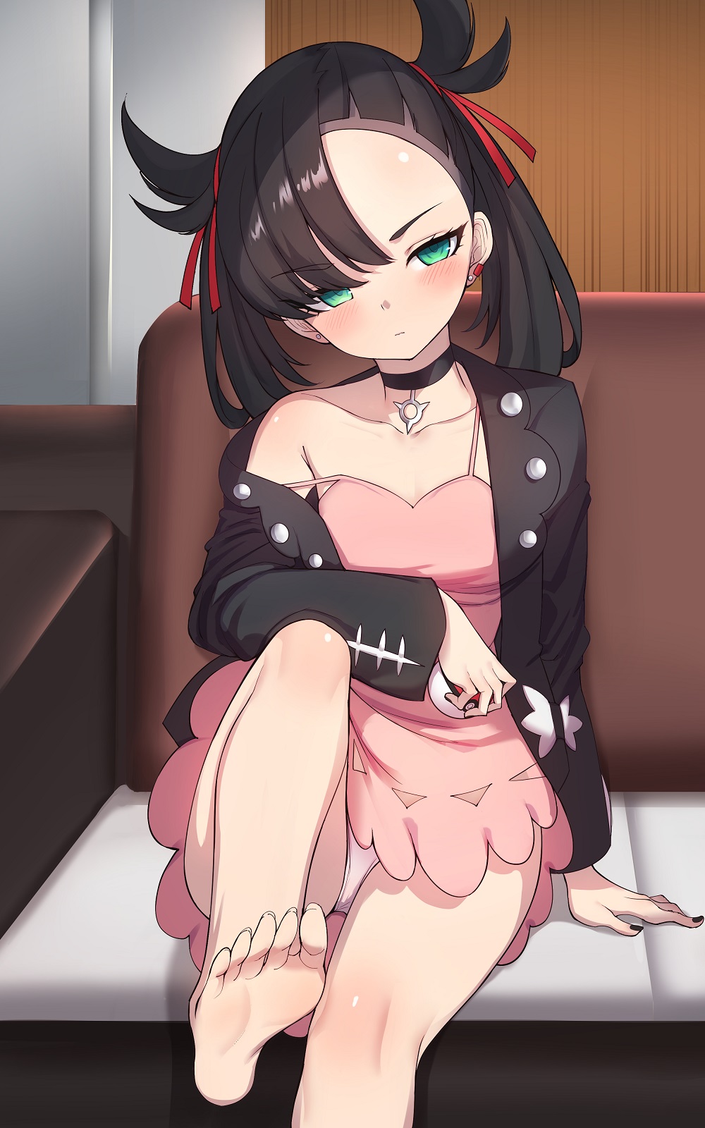 1girl bangs barefoot black_hair black_nails blush breasts choker couch dress earrings eyebrows_visible_through_hair feet green_eyes highres jacket jewelry k_jin looking_at_viewer mary_(pokemon) off_shoulder pink_dress pokemon pokemon_(game) pokemon_swsh sitting small_breasts solo strap_slip twintails