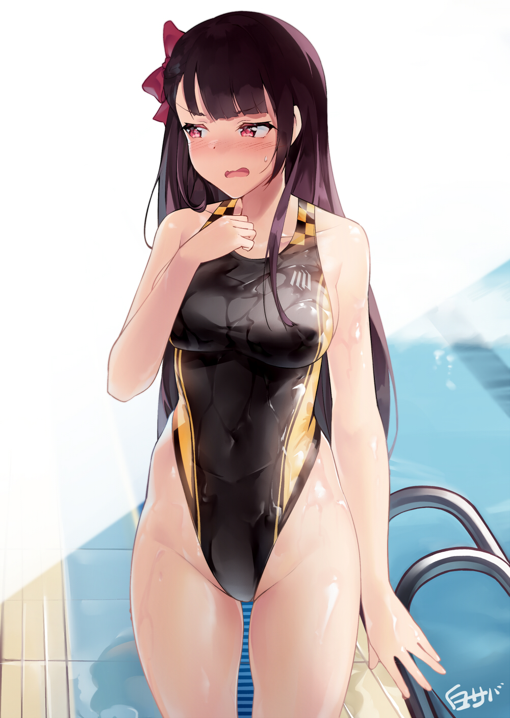1girl bangs bare_shoulders black_swimsuit blush bow breasts collarbone competition_swimsuit cowboy_shot embarrassed eyebrows_visible_through_hair girls_frontline hair_bow hand_up highleg highres large_breasts long_hair looking_away one-piece_swimsuit one_side_up open_mouth purple_hair red_bow red_eyes revision shiny shiny_clothes shirosaba solo swimsuit very_long_hair wa2000_(girls_frontline) wet