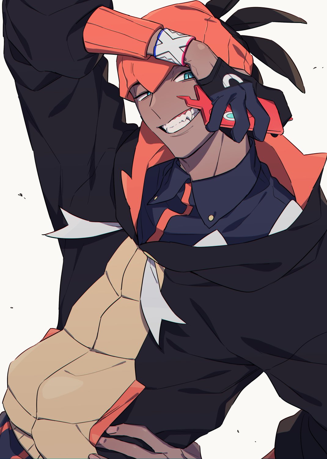 1boy black_hair blue_eyes dark_skin dark_skinned_male fang gloves grin gym_leader hairlocs hand_on_hip hat headband highres htkym_1003 jacket kibana_(pokemon) male_focus open_mouth orange_headwear pokemon pokemon_(game) pokemon_swsh rotom_phone simple_background smile