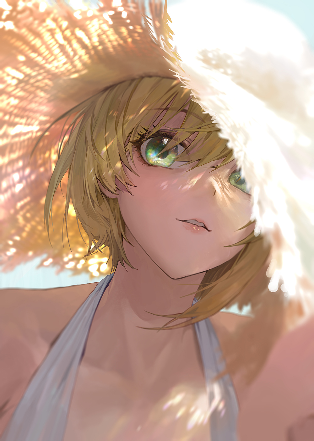 1girl asymmetrical_hair bangs bare_shoulders blonde_hair blush breasts collarbone dress eyelashes green_eyes hat highres idolmaster idolmaster_cinderella_girls looking_at_viewer miyamoto_frederica mossi parted_lips short_hair smile solo sun_hat sunlight white_dress