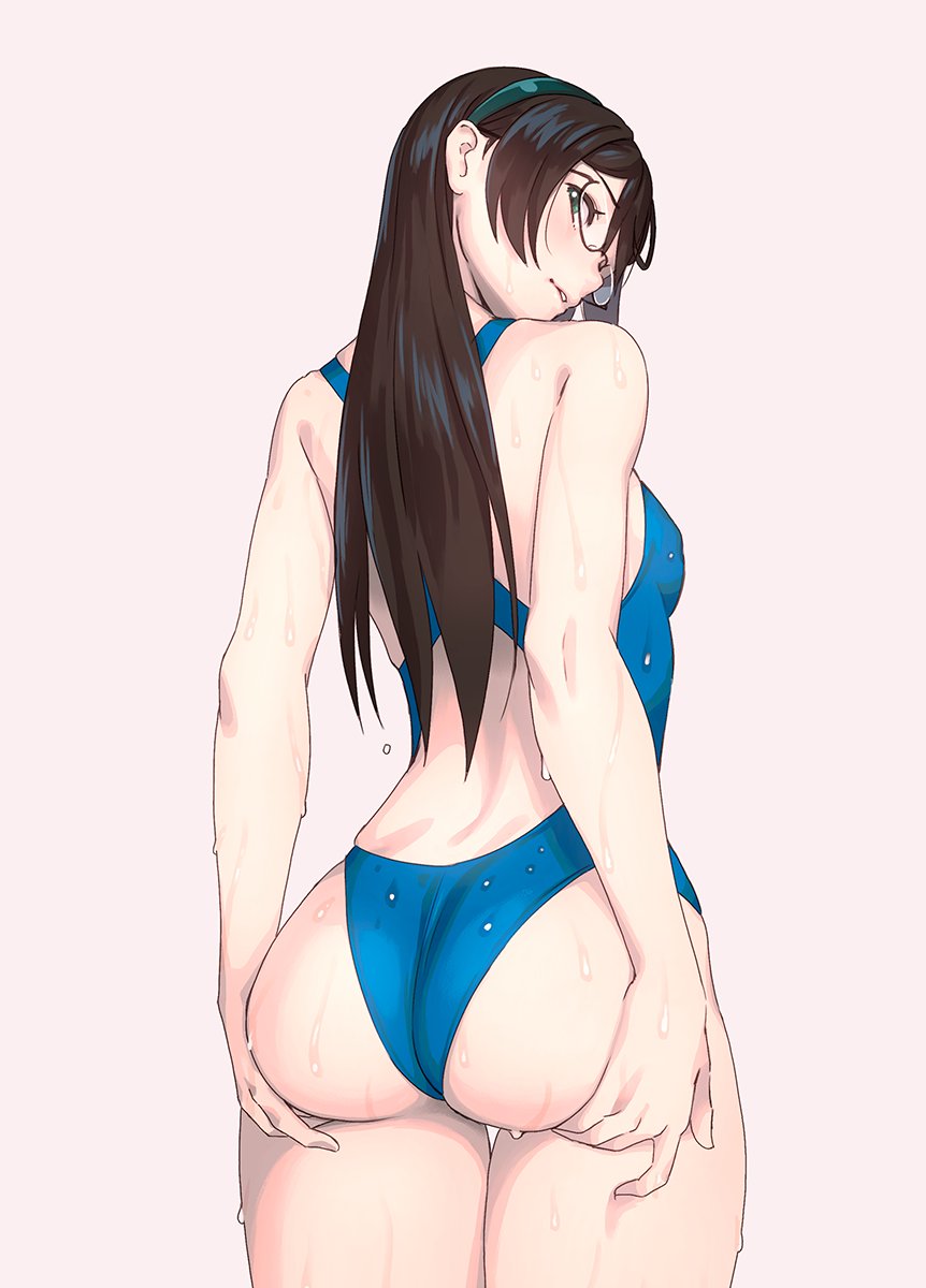 1girl alternate_costume ass ass_grab bare_shoulders black_hair blue_swimsuit blush breasts commentary_request competition_swimsuit cowboy_shot eyebrows_visible_through_hair from_behind glasses green_eyes hairband highleg highleg_swimsuit highres kantai_collection long_hair looking_at_viewer looking_back one-piece_swimsuit ooyodo_(kantai_collection) semi-rimless_eyewear simple_background skindentation small_breasts solo swimsuit under-rim_eyewear water water_drop wet yuuji_(and)