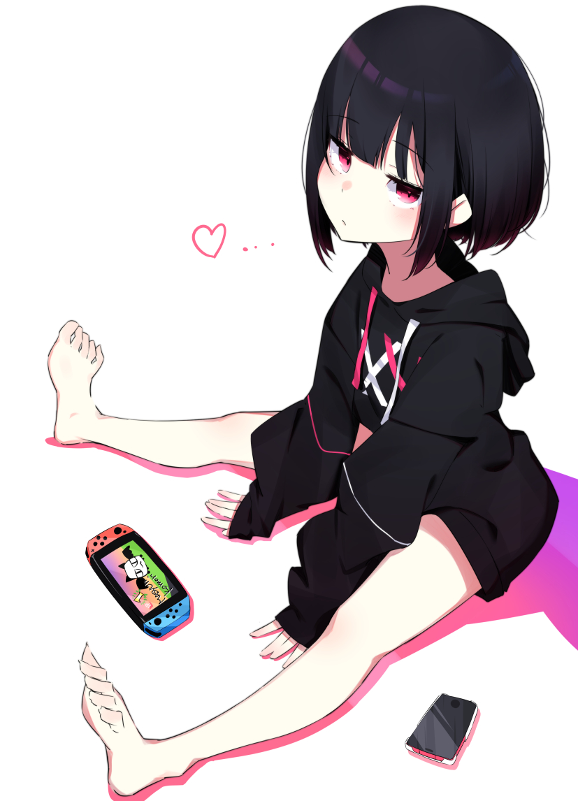 1girl bangs black_hair blunt_bangs bob_cut cellphone colored_shadow handheld_game_console heart hood hoodie ichiki_1 looking_at_viewer looking_to_the_side nintendo nintendo_switch original outstretched_legs phone red_eyes shadow short_hair simple_background sitting sleeves_past_wrists smartphone solo white_background