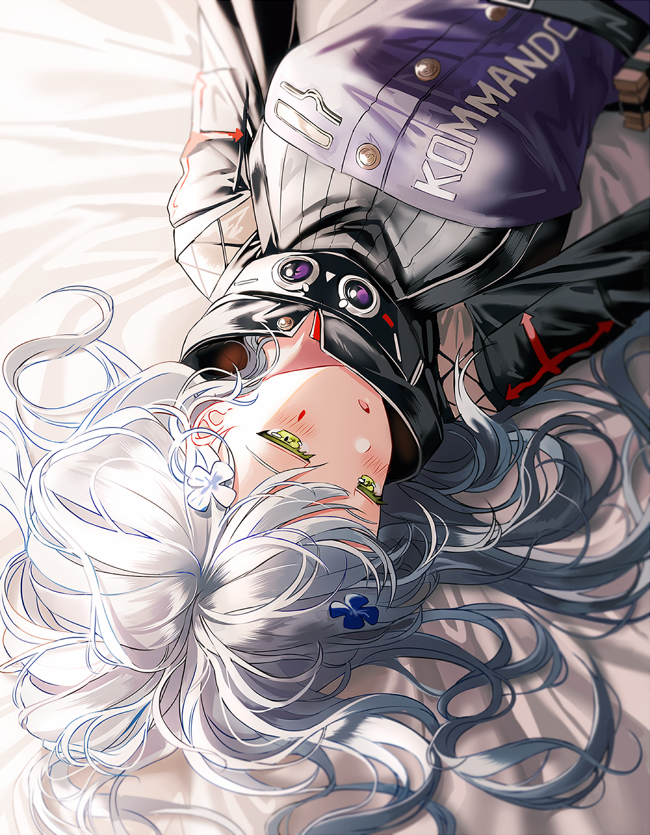 1girl bangs blunt_bangs blush breasts clothes_writing facial_mark girls_frontline green_eyes hair_ornament half-closed_eyes hk416_(girls_frontline) jacket long_hair looking_at_viewer lying medium_breasts no_hat no_headwear on_back open_mouth sidelocks silence_girl silver_hair solo teardrop