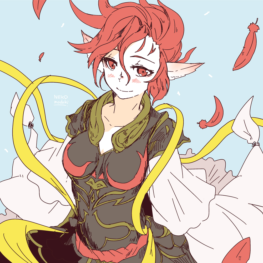 1girl artist_name blue_background breasts closed_mouth feathers final_fantasy final_fantasy_xiv hagoromo lili_mdoki looking_at_viewer medium_breasts pointy_ears red_eyes red_feathers redhead shawl short_hair smile solo suzaku_(ff14)
