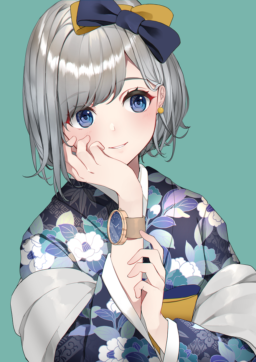 1girl bangs black_bow blue_background blue_eyes blue_kimono blush bow brown_bow commentary_request earrings eyebrows_visible_through_hair floral_print hair_bow hand_on_own_cheek hand_up highres japanese_clothes jewelry kimono looking_away looking_to_the_side original parted_lips print_kimono short_hair silver_hair simple_background smile solo swept_bangs upper_body usamochi. watch watch