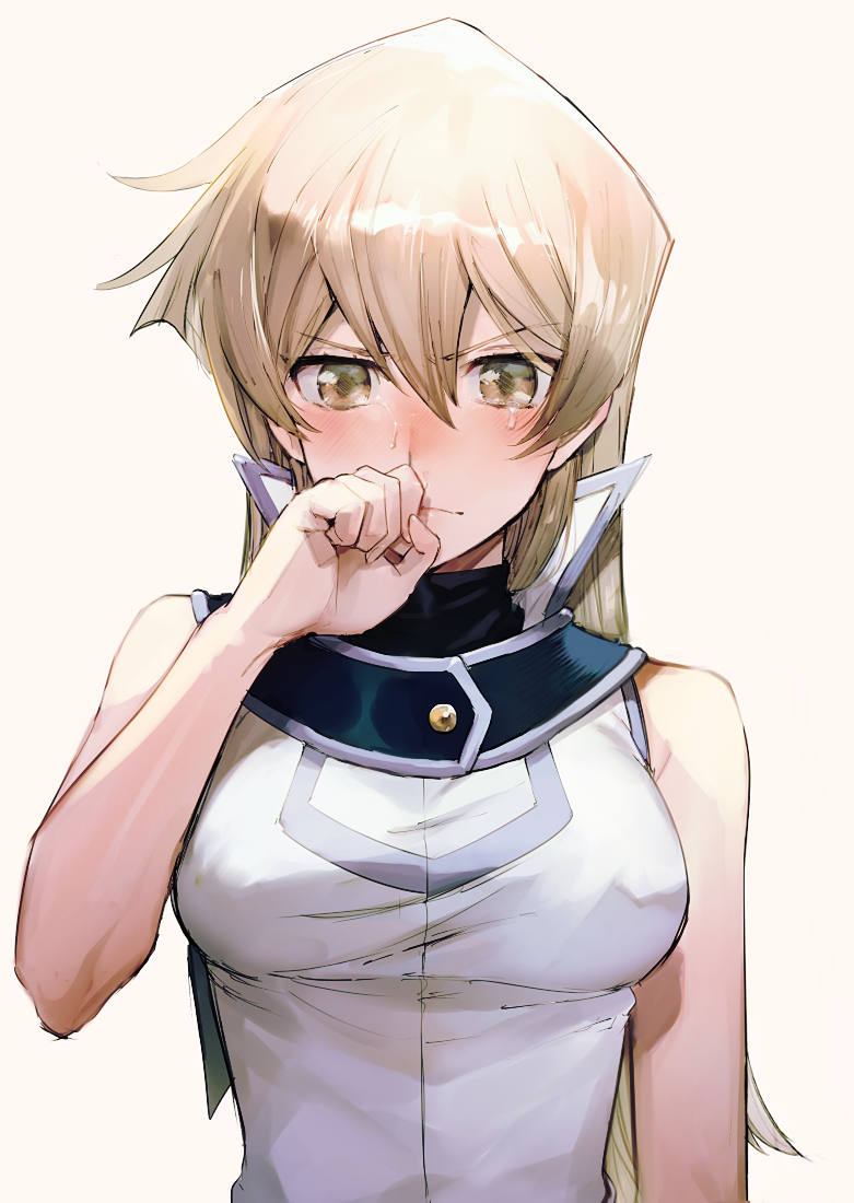 1girl aoki_(fumomo) blonde_hair blush breasts closed_mouth eyebrows_visible_through_hair frown hair_between_eyes long_hair looking_at_viewer medium_breasts shirt simple_background sleeveless sleeveless_shirt solo straight_hair sweater tears tenjouin_asuka upper_body v-shaped_eyebrows very_long_hair white_background white_shirt yellow_sweater yuu-gi-ou yuu-gi-ou_gx