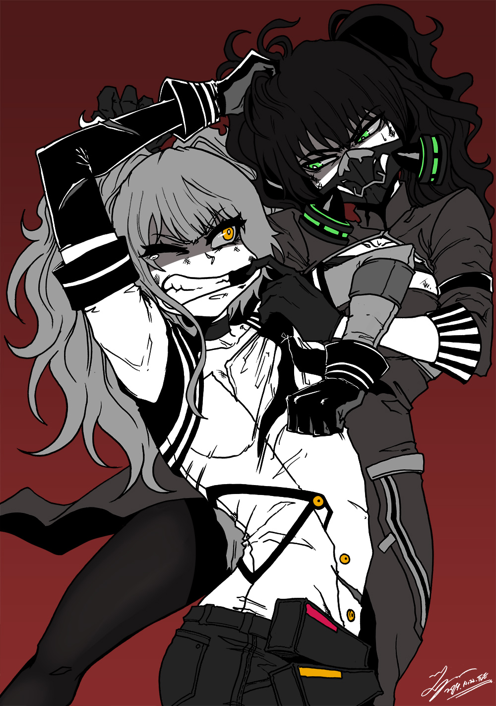 2girls angry black_hair commentary_request face_mask fighting gas_mask girls_frontline gloves green_eyes grey_hair hair_pull highres korean_commentary m950a_(girls_frontline) mask multiple_girls one_eye_closed red_background scarecrow_(girls_frontline) sweatdrop tears torn_clothes tryvor twintails yellow_eyes