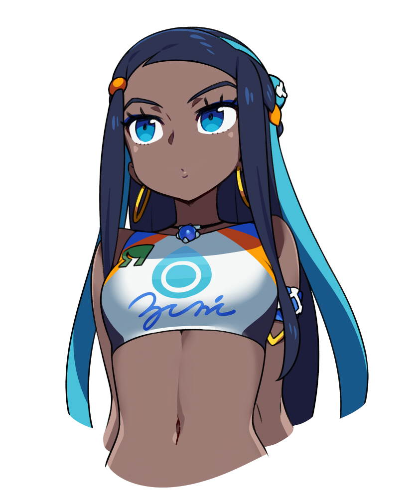 1girl aqua_hair armband arms_at_sides bangs black_hair blue_eyes breasts chan_co dark_skin earrings eyeliner hoop_earrings jewelry long_hair makeup multicolored_hair navel necklace pendant pokemon pokemon_(game) pokemon_swsh rurina_(pokemon) sidelocks simple_background small_breasts solo swept_bangs two-tone_hair white_background