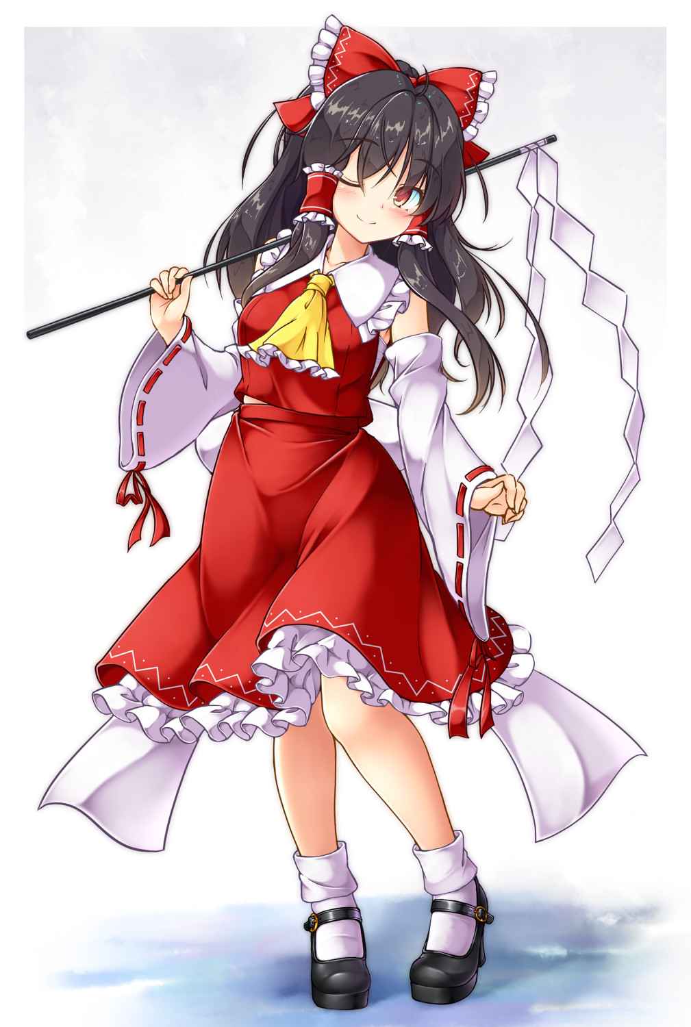 1girl aka_tawashi ascot belly_peek black_footwear black_hair bow commentary_request detached_sleeves frilled_ascot frilled_bow frilled_shirt_collar frills full_body gohei hair_bow hair_tubes hakurei_reimu high_heels highres long_hair one_eye_closed petticoat red_bow red_skirt ribbon-trimmed_sleeves ribbon_trim sarashi shiny shiny_hair shoes skirt skirt_set smile socks solo standing touhou white_background white_legwear yellow_eyes yellow_neckwear