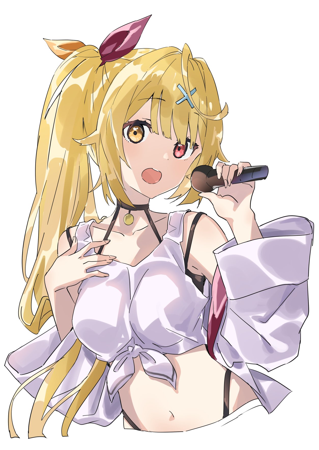1girl :o ahoge bare_shoulders breasts collarbone crop_top cropped_torso front-tie_top h_(2de1flf8) hair_ornament hair_ribbon halterneck hands_up heterochromia highleg highres holding holding_microphone hoshikawa_sara jacket long_hair looking_at_viewer medium_breasts microphone navel nijisanji off_shoulder open_clothes open_jacket open_mouth red_eyes ribbon shirt side_ponytail sidelocks simple_background sleeveless sleeveless_shirt solo stomach virtual_youtuber white_background white_jacket white_shirt x_hair_ornament yellow_eyes