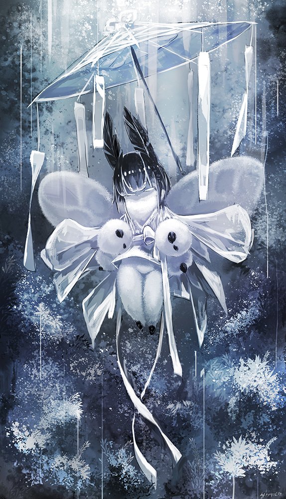 1girl bangs closed_eyes diddms1999 eyebrows_visible_through_hair fur insect_girl insect_wings monster_girl moth_(diddms1999) moth_ears moth_girl ofuda oriental_umbrella original outdoors short_hair umbrella wings