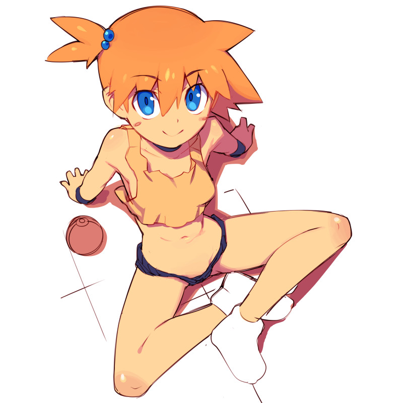 1girl arm_support blue_eyes blush_stickers closed_mouth collarbone eyebrows_visible_through_hair from_above hair_between_eyes kasumi_(pokemon) looking_at_viewer metata midriff navel orange_hair poke_ball pokemon pokemon_(anime) pokemon_(classic_anime) short_hair side_ponytail simple_background sitting smile solo tank_top white_background