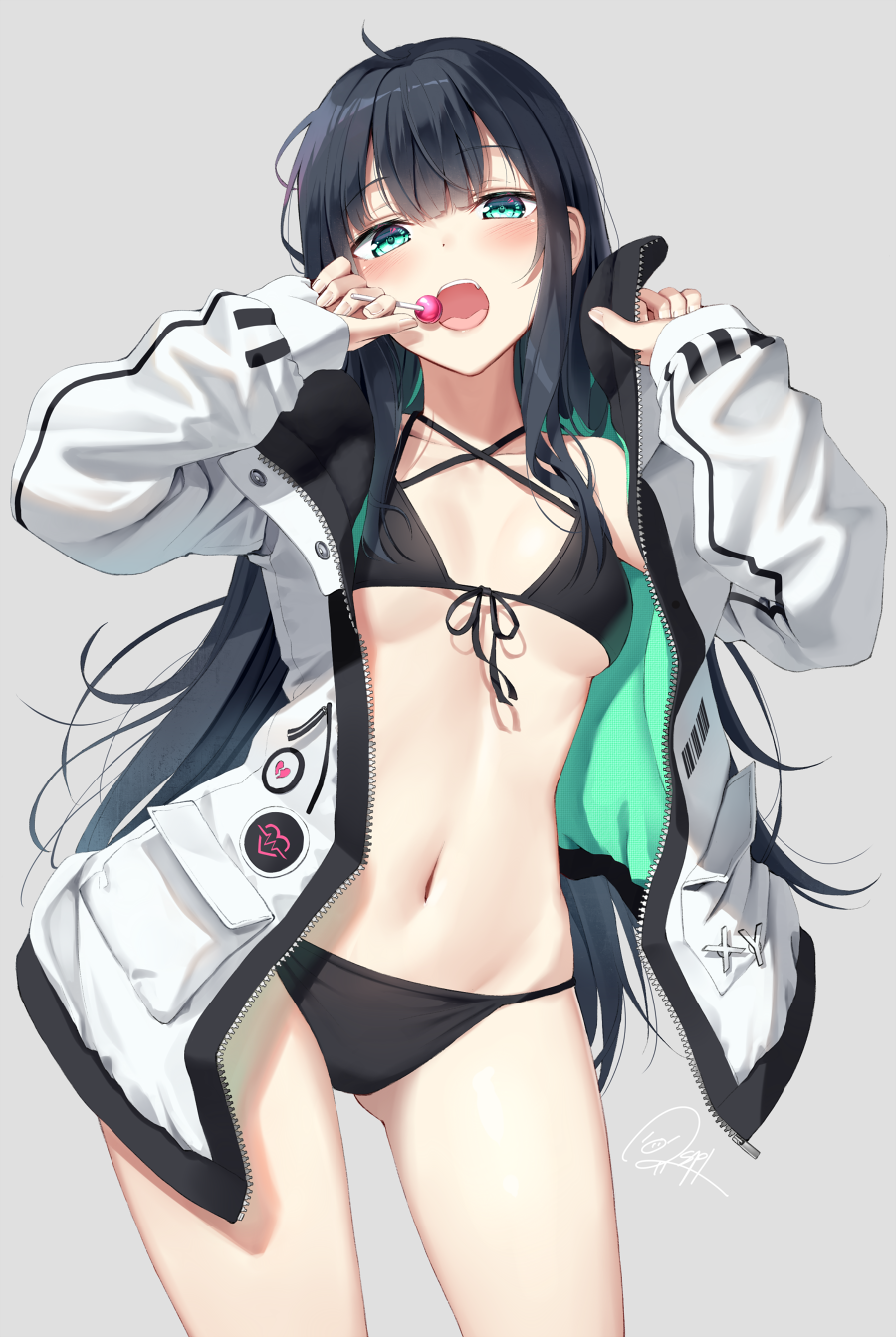 1girl ahoge aqua_eyes ass_visible_through_thighs bikini bikini_under_clothes black_bikini black_hair blush breasts collarbone cowboy_shot front-tie_bikini front-tie_top grey_background hands_up highres holding_lollipop jacket long_hair long_sleeves looking_at_viewer medium_breasts multi-strapped_bikini navel open_clothes open_jacket open_mouth original sidelocks signature simple_background solo standing stomach superpig swimsuit white_jacket