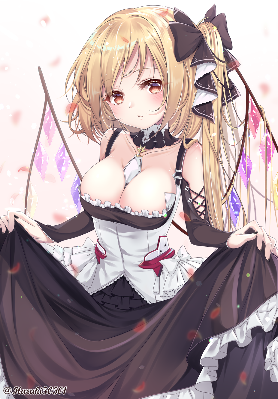 1girl alternate_breast_size artist_name azur_lane bangs bare_shoulders between_breasts black_bow black_dress black_nails blonde_hair blush bow breasts collarbone commentary_request cosplay cowboy_shot crystal dress eyebrows_visible_through_hair flandre_scarlet formidable_(azur_lane) formidable_(azur_lane)_(cosplay) frills gradient gradient_background hair_bow haruki_(colorful_macaron) highres large_breasts long_hair long_sleeves looking_at_viewer nail_polish one_side_up parted_lips petals pink_background red_eyes skirt_hold solo standing touhou twitter_username white_background wings