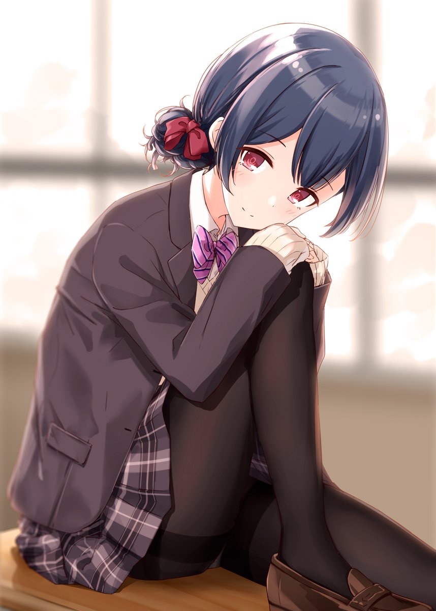 1girl black_footwear black_hair black_jacket black_legwear black_skirt blazer blue_hair blurry blurry_background bow bowtie commentary_request cover cover_page desk doujin_cover hair_bow hair_bun hands_on_own_knee highres idolmaster idolmaster_shiny_colors indoors jacket knee_up loafers long_sleeves looking_at_viewer miniskirt morino_rinze on_desk pantyhose plaid plaid_skirt pleated_skirt purple_neckwear red_bow red_eyes school_uniform shoes sitting sitting_on_desk skirt smile solo striped striped_neckwear suke_(momijigari) textless