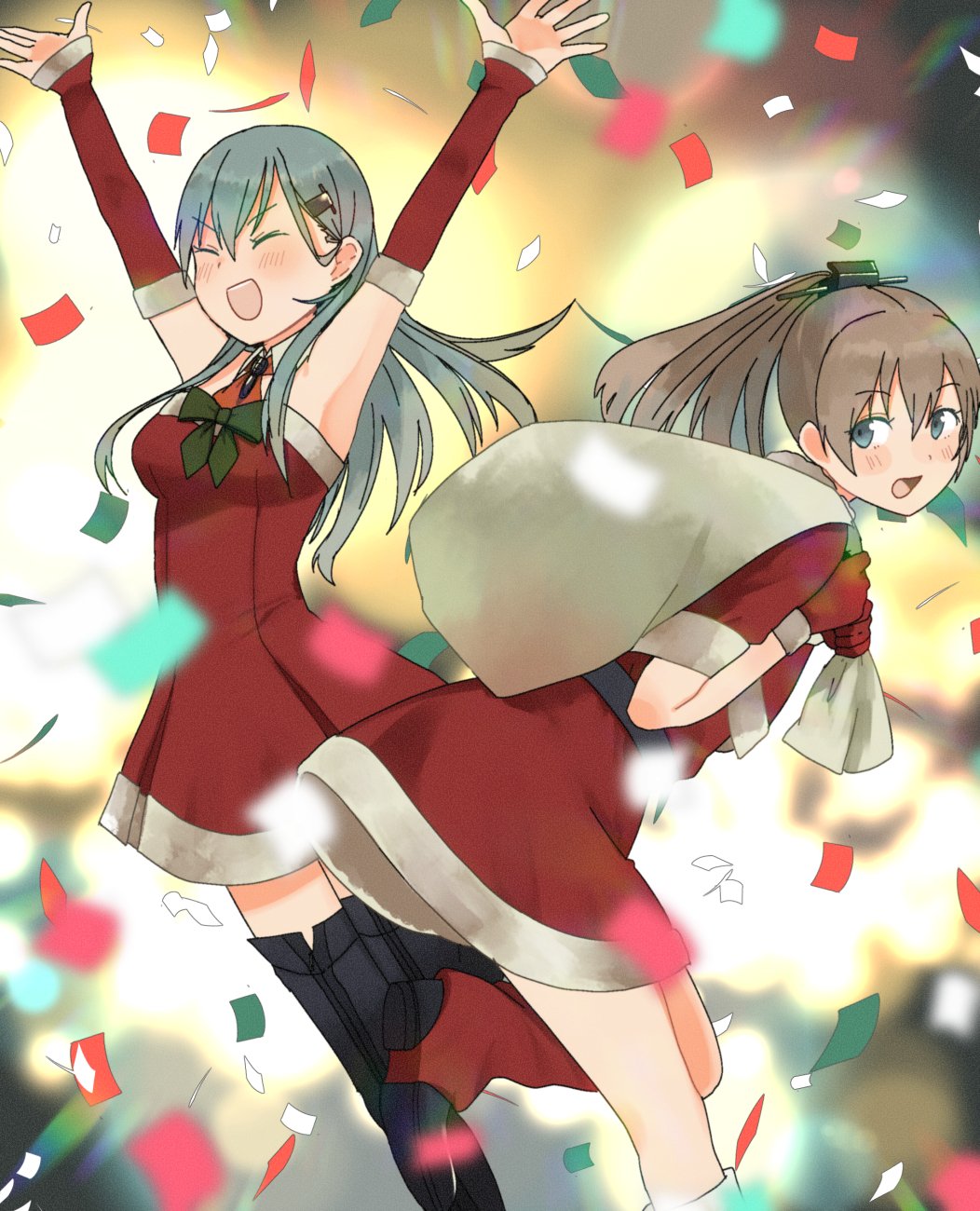 2girls ^_^ ^o^ alternate_costume ankle_boots annin_musou armpits arms_up black_footwear blue_eyes blush boots brown_hair closed_eyes commentary_request detached_collar detached_sleeves gloves green_hair green_ribbon hair_between_eyes hair_ornament hairclip highres holding holding_sack kantai_collection kumano_(kantai_collection) long_hair multiple_girls open_mouth ponytail red_gloves ribbon sack santa_costume santa_gloves smile suzuya_(kantai_collection) thigh-highs thigh_boots v-shaped_eyebrows