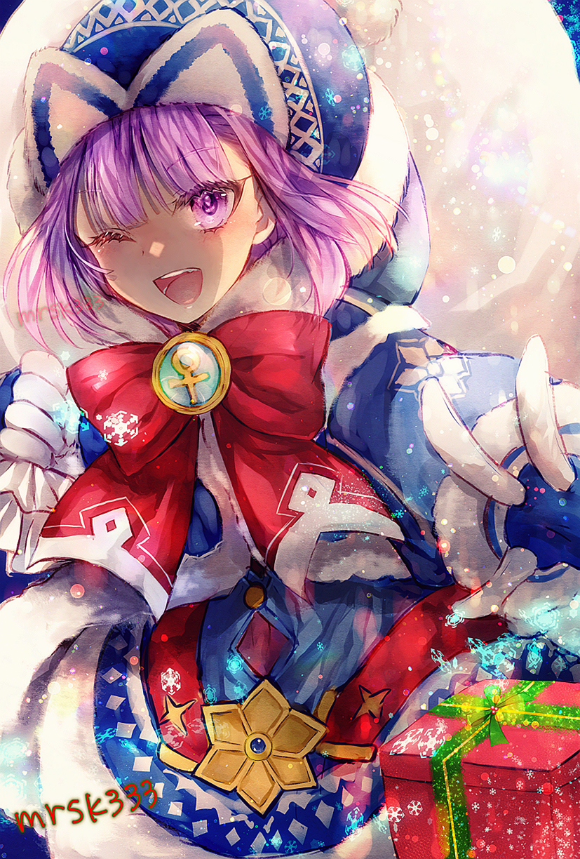 1girl badge bangs beanie blue_coat blue_dress blush bow box breasts coat dress fate/grand_order fate/grand_order_arcade fate_(series) fur-trimmed_coat fur-trimmed_dress fur_trim gift gift_box hat helena_blavatsky_(christmas)_(fate) helena_blavatsky_(fate/grand_order) highres hooded_coat large_bow long_sleeves looking_at_viewer one_eye_closed open_clothes open_coat open_mouth purple_hair red_bow sack short_hair small_breasts smile snowflakes solo violet_eyes yokaranu_yuuna