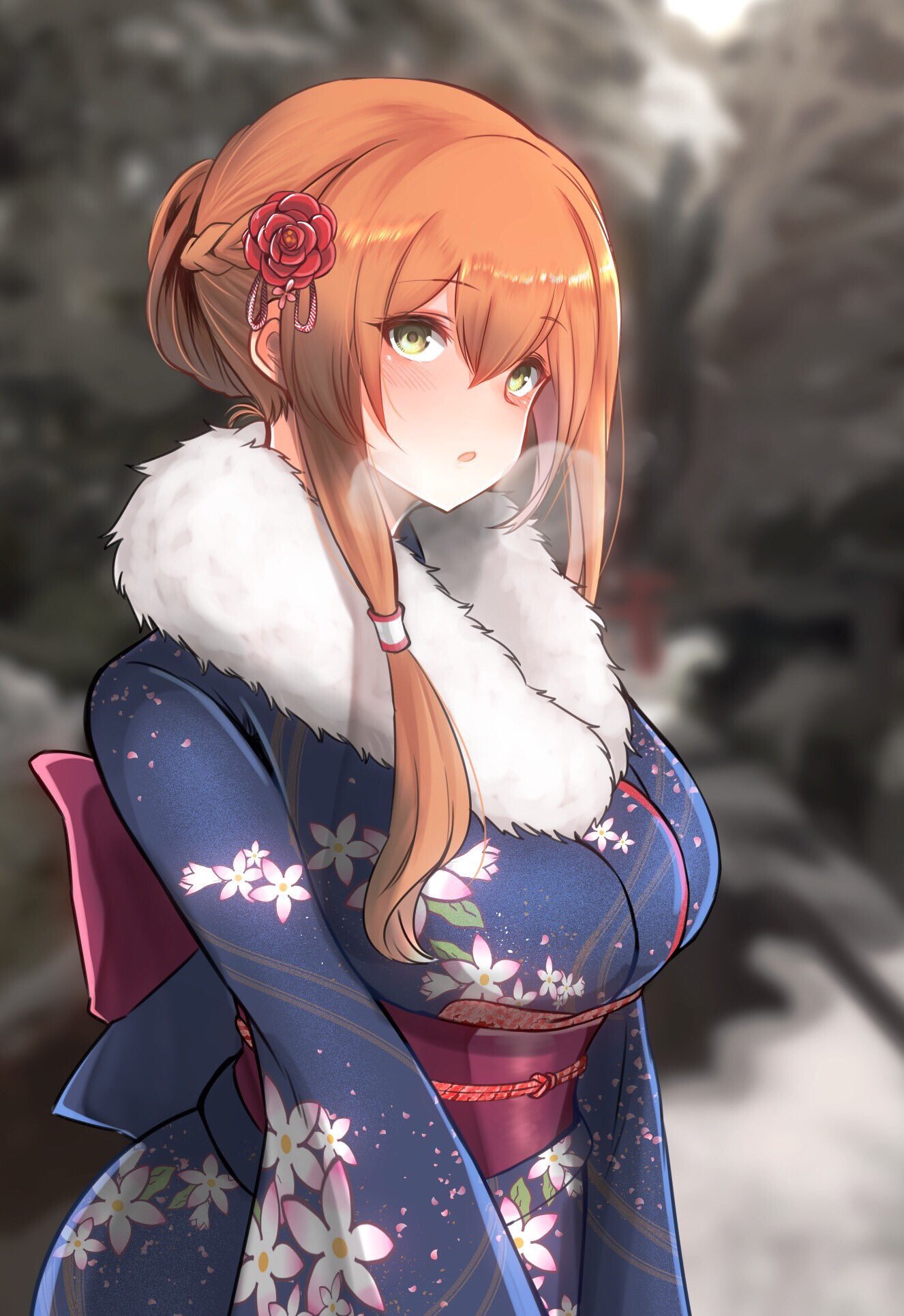 10eki_(tenchou) 1girl bangs blue_kimono blush braid breasts breathing brown_hair cold eyebrows_visible_through_hair flower girls_frontline green_eyes hair_between_eyes hair_flower hair_ornament hair_up highres japanese_clothes kimono large_breasts long_hair looking_at_viewer m1903_springfield_(girls_frontline) obi open_mouth outdoors sash sidelocks solo