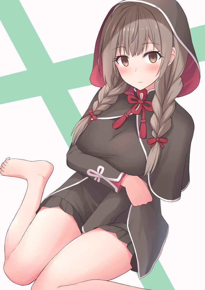 1girl akahi242 black_capelet black_dress blush braid breasts brown_eyes brown_hair capelet dress hair_ribbon hood hooded_capelet kantai_collection large_breasts long_hair long_sleeves pleated_dress red_ribbon ribbon shinshuu_maru_(kantai_collection) sitting solo twin_braids