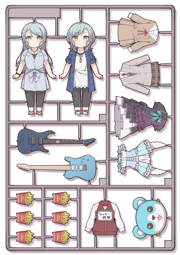 2girls aqua_hair arms_at_sides ayasaka bang_dream! black_legwear black_neckwear black_skirt blue_dress blue_shirt brown_dress clenched_hands commentary_request costume double-breasted dress electric_guitar food french_fries frilled_dress frills frown green_eyes grey_skirt guitar hanasakigawa_school_uniform hikawa_hina hikawa_sayo instrument jacket jewelry leggings long_hair long_sleeves mascot_head michelle_(bang_dream!) model_kit multiple_girls neck_ribbon necklace necktie pendant pleated_dress pleated_skirt red_neckwear ribbon sandals school_uniform shirt shoes short_hair short_sleeves side_braids skirt sleeves_folded_up smile striped striped_neckwear track_jacket watch watch white_background white_dress