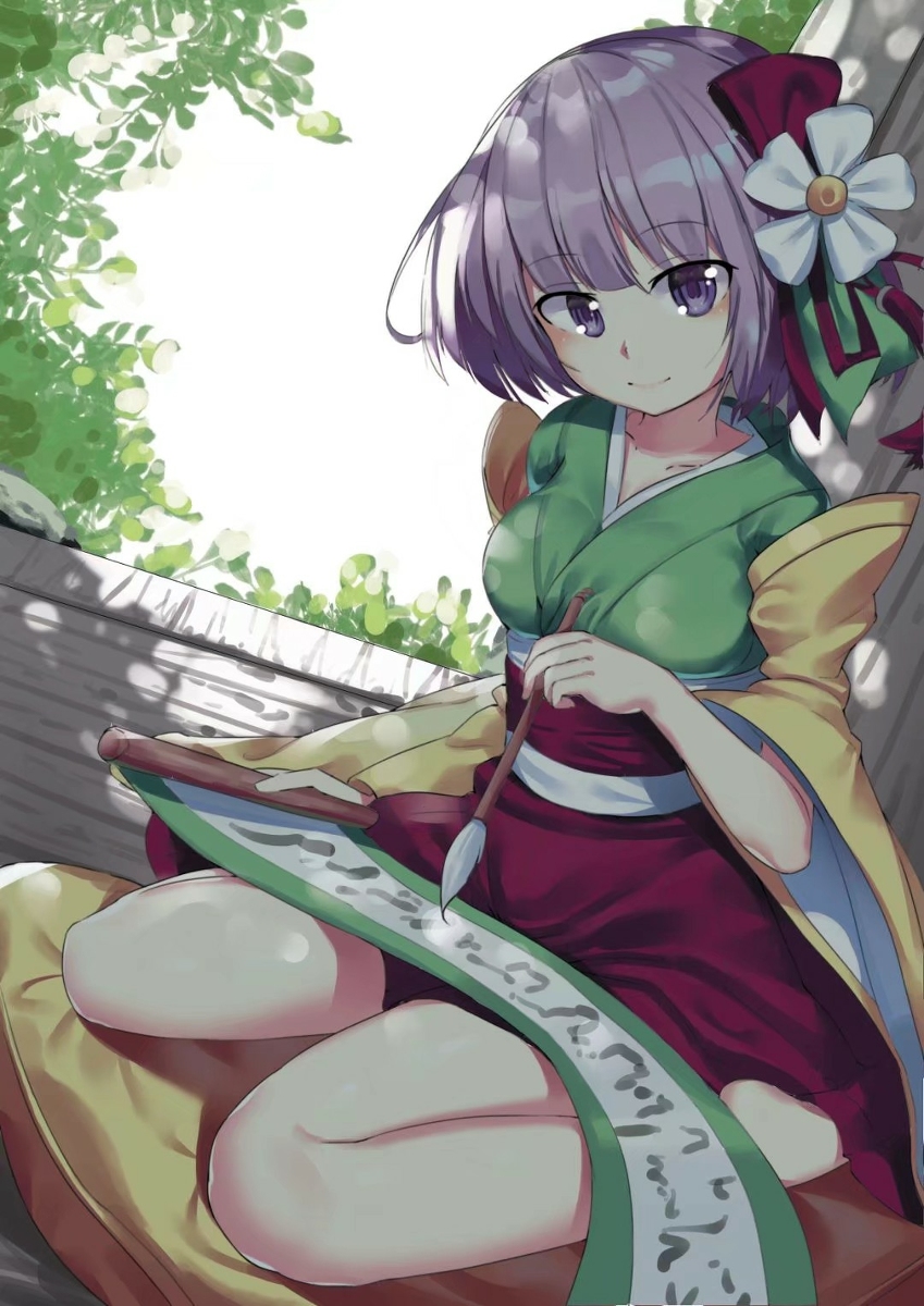 1girl aiza-ku flower hair_flower hair_ornament hieda_no_akyuu highres japanese_clothes kimono purple_hair scroll short_hair skirt thighs touhou violet_eyes