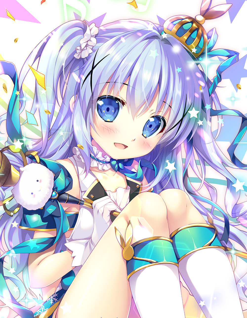 :d bare_shoulders collar commentary_request frilled_collar frills gloves gochuumon_wa_usagi_desu_ka? hair_ornament highres holding holding_wand kafuu_chino kneehighs knees_together_feet_apart knees_up light_blue_hair looking_at_viewer mikeou open_mouth sitting sleeveless smile twintails wand x_hair_ornament