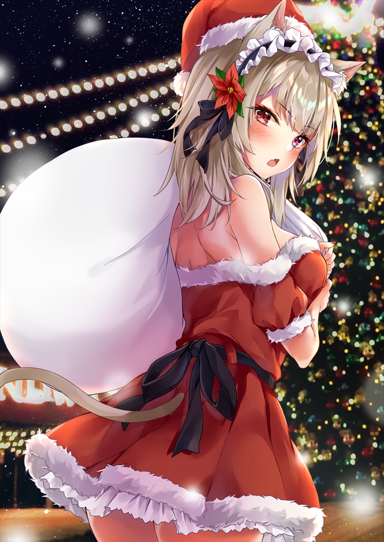 1girl animal_ear_fluff animal_ears ass bag bangs black_ribbon blush cat_ears christmas_ornaments christmas_tree commentary_request dress eyebrows_visible_through_hair fang fur-trimmed_dress gift grey_hair hair_between_eyes heterochromia holding holding_bag long_hair marisasu_(marisa0904) night open_mouth original outdoors red_dress red_eyes red_nails ribbon sack sidelocks simple_background skin_fang sky solo star_(sky) starry_sky strapless strapless_dress sweatdrop tube_dress violet_eyes